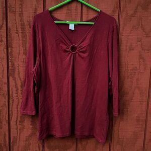 One Step Up Women's‎ Top V-Neck 3/4 Sleeve Pullover Red Burgundy Size 3X